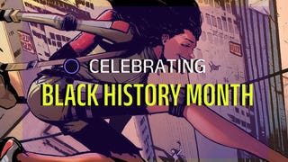 Illustration of a young Black woman jumping through the air smiling, laid over the image is a light purple overlay that reads Celebrating Black History Month