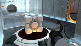 Portal - A player points their portal gun at a companion cube that's been placed on top of a large button. An orange portal is open on a wall on their right.