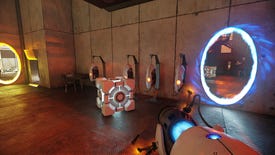 The player aims the portal gun between a companion cube and portals in Portal: Prelude RTX