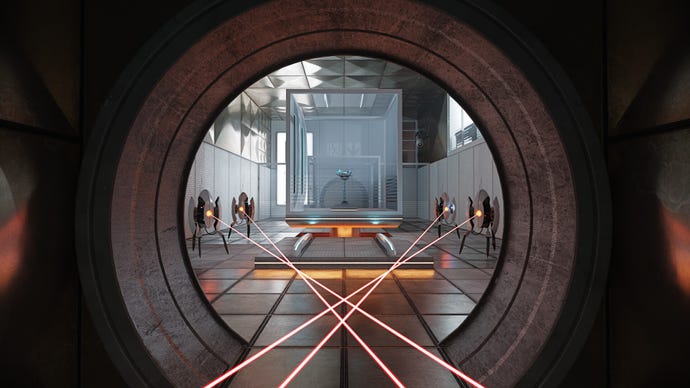 Geschütztürme richten ihre Laser durch eine runde Tür in Portal: Prelude RTX