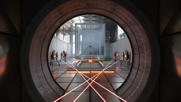 Turrets aim their lasers through a circular door in Portal: Prelude RTX