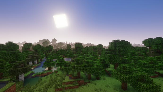 The sun rises over a Minecraft forest.