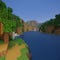 A screenshot of a river in Minecraft, with some trees on either side of the bank and a hill in the distance, taken using Potato shaders.