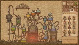 Potion Craft - The Alchemy Machine in the basement consisting of many connected vials and tubes with liquids of different colors in a medieval manuscript style illustration.