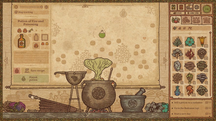 Potion Craft early access - A cauldron kit emits a green cloud of smoke for a completing potion of fire and poisoning. The players inventory of plant ingredients is open in the right bar.