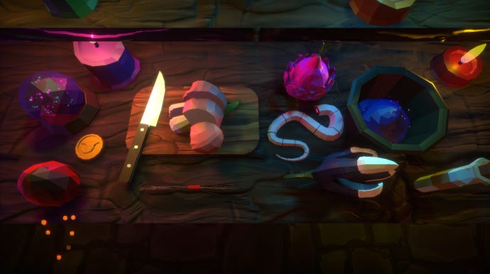 Part of your work bench in Potion Tales, a wooden sideboard covered in grim things like rats tails, claws, and with a mushroom on a chopping board
