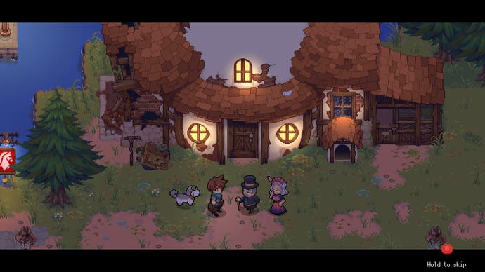 A pixel art town in the evening. Three small character sound outside a rounded house, the windows of which are glowing an inviting yellow.