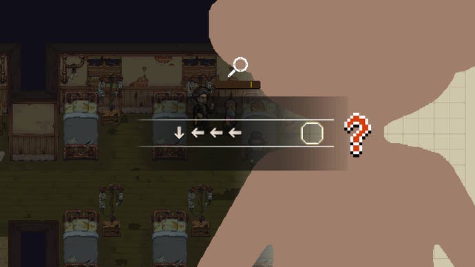 The outline of a character and a small box where some arrows are floating past. It's a rhythm action mini-game, and not a very good one at that.