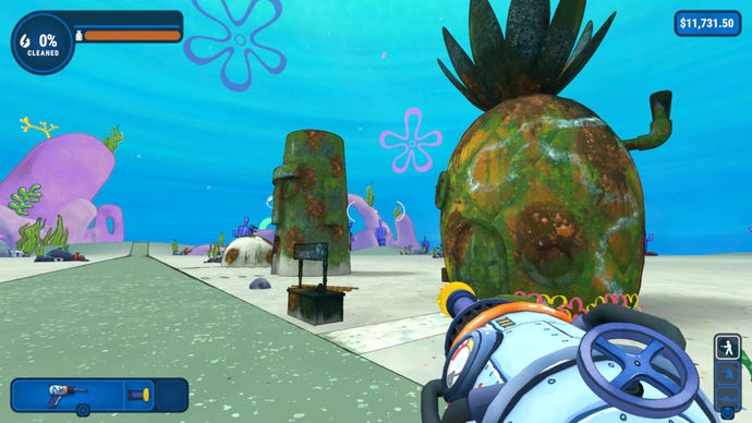 Rumah penduduk Bikini Bottom yang paling terkenal: Nanas SpongeBob, Kepala Batu Squidward, dan Batu Patrick di DLC SpongeBob Squarepants PowerWash Simulator