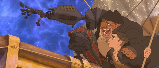 Animation still from Treasure Planet featuring Jim and Long John Silver