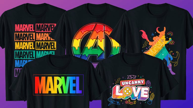 Pride tshirts featuring Marvel and Avengers logos