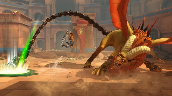 A warrior jumps and readies his twin swords to slice a giant manticore monster in Prince Of Persia: The Lost Crown