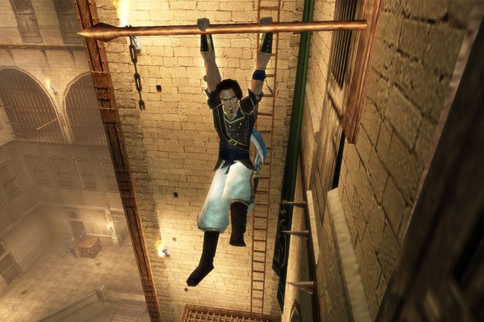 An athletic man swings from a pole in the wall in Prince Of Persia: Sands Of Time