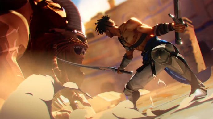 Sargon, protagonist of Prince of Persia: The Lost Crown, draws swords to tackle a beast.