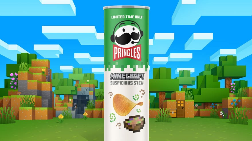A Suspicious Stew-flavoured tube of Pringles sits in front of Minecraft background.