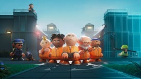 The key art for Prison Architect 2, showing five 3D prisoners in orange jumpsuits in front of a prison.