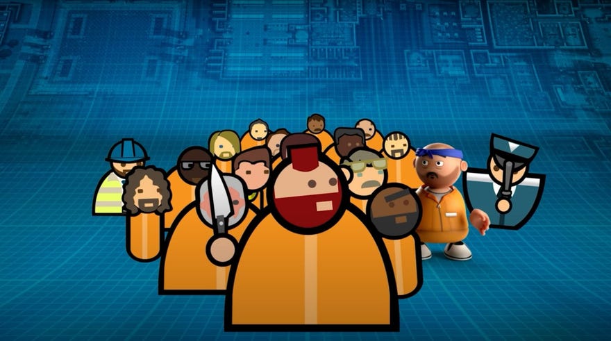 Prison Architect inmates in 2D look at one of their number who has just turned 3D.