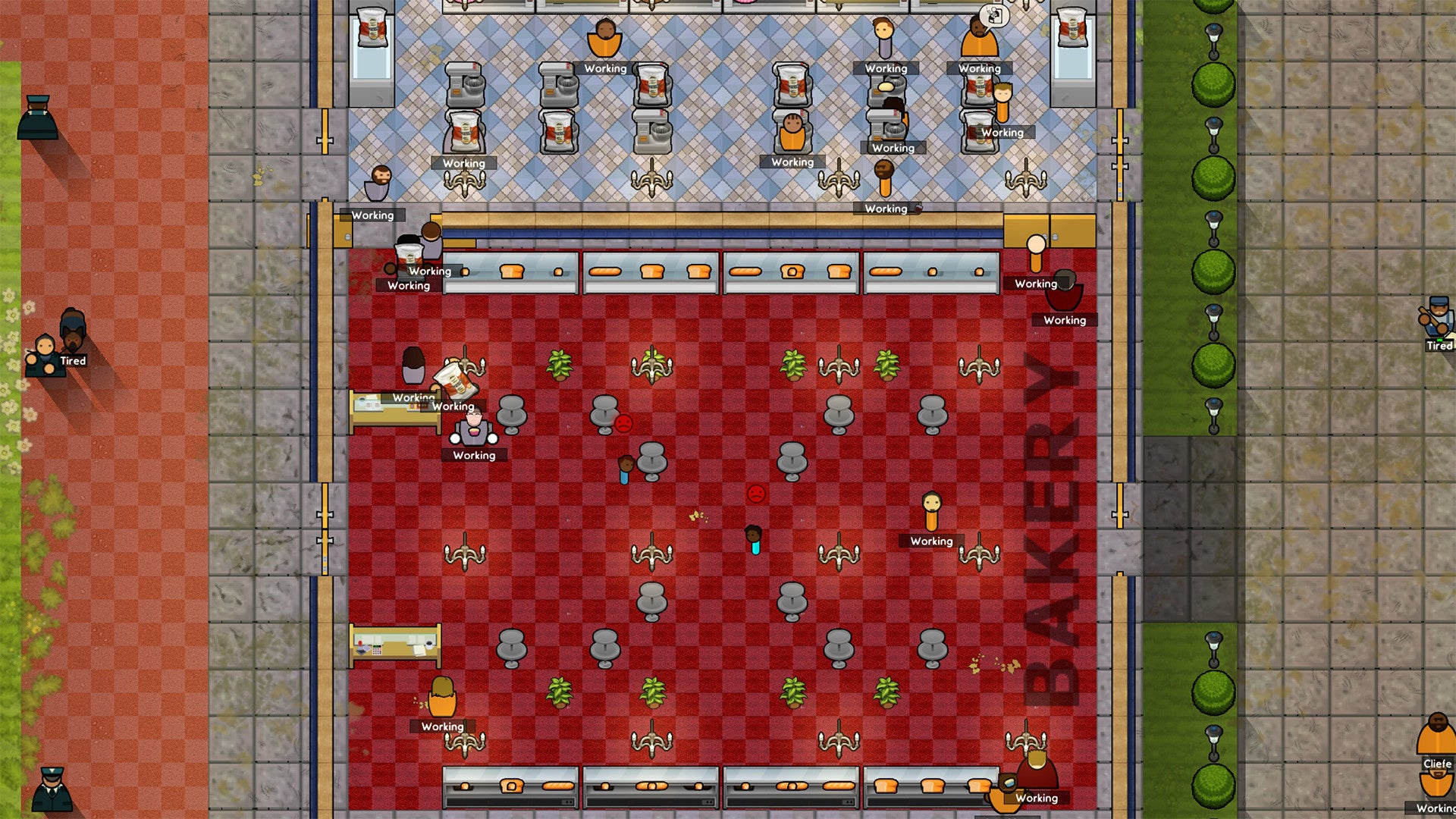 A screenshot of the Prison Architect: Second Chances DLC showing a bakery operated by prisoners.