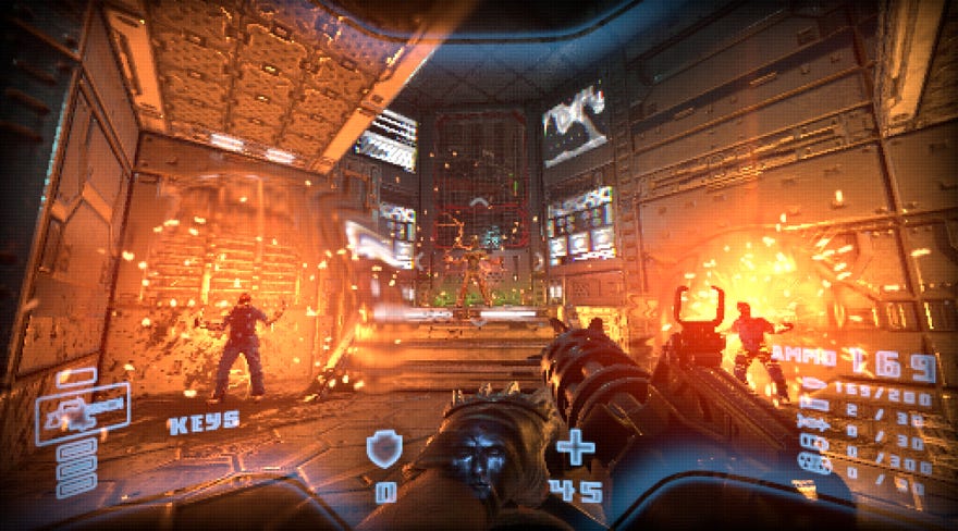 Prodeus - The player points a minigun at a room with three enemies