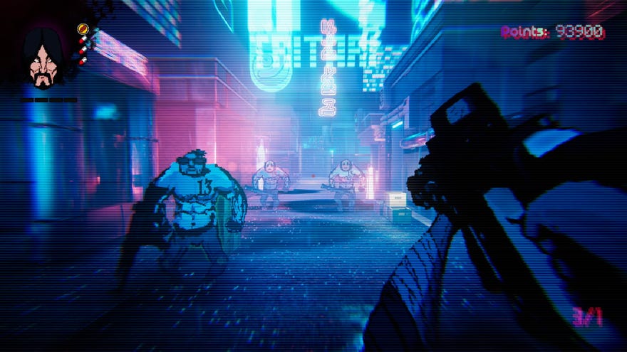 The player aims at submachine gun at a number of thugs in Project Downfall.