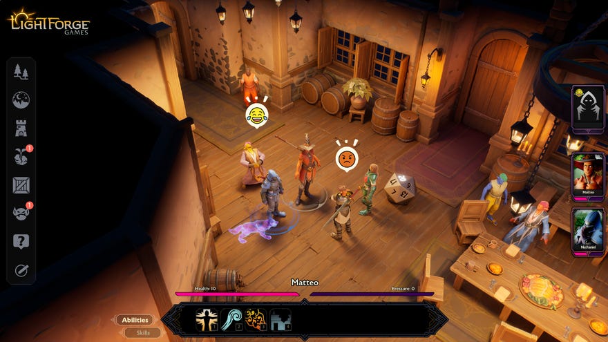 Mission ORCS gameplay displaying players' characters interacting with emoticons in a tavern
