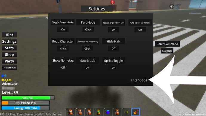 Arrow pointing at the menu used to redeem codes in Roblox game Project XXL.