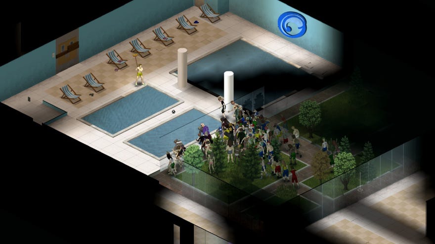 Project Zomboid player fending off an incoming horde with a sweeping brush at a swimming pool
