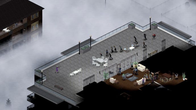 Project Zomboid player holding a gun while a horde of zombies approach. Streets around the building are foggy, indicating that the player is on a high floor