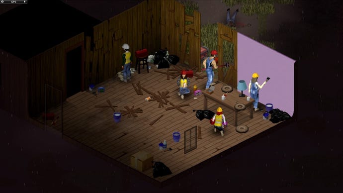 Project Zomboid players teaming up to build a base and paint the walls. They are all wearing construction clothes