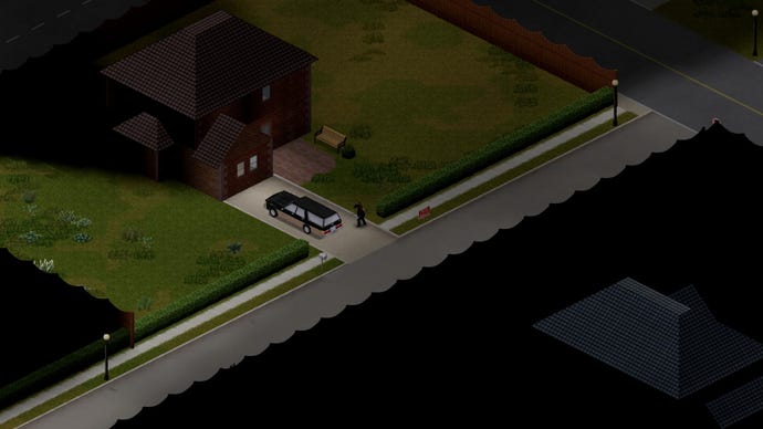 Project Zomboid player interacting with a car outside a house, street around them is dark