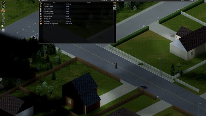 Project Zomboid player carrying tins of food in their backpack while walking down a suburban street