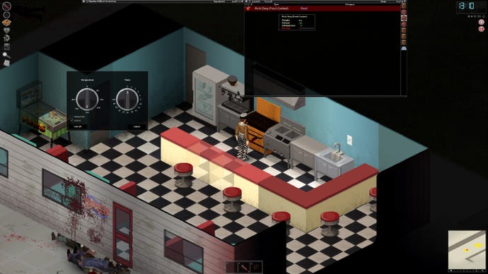 Project Zomboid chef stands in a diner kitchen cooking a pork chop