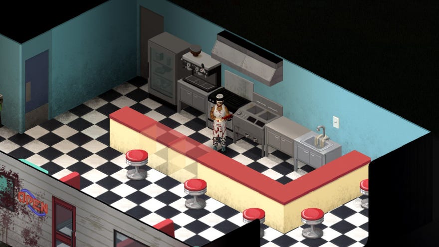 Project Zomboid player stood in a diner with a chefs outfit on, lots of dead zombies are by the door soaked in blood
