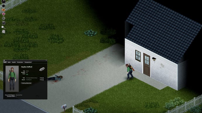 Project Zomboid player crouched by the front door of a house as they set out on a scavenging run