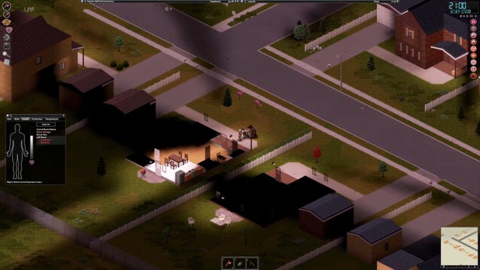 Group of zombies chasing a Project Zomboid character down a street as the sun sets