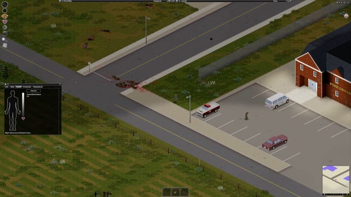 Project Zomboid character walking towards a zombie outside of a fire station. Lots of dead zombies behind him