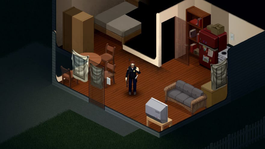 Project Zomboid player wearing a police uniform waving at the camera inside a house
