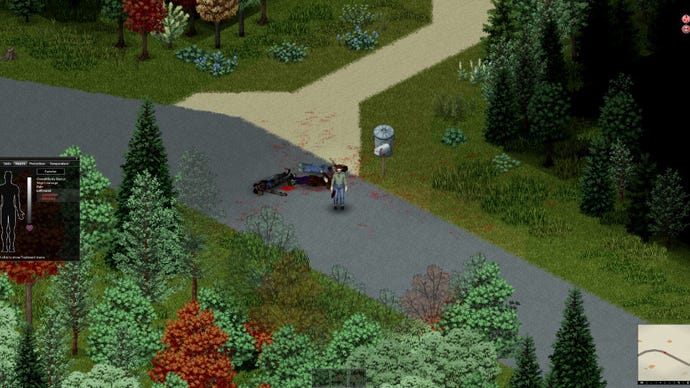 Project Zomboid player standing in a street next to two dead zombies after a battle. The health panel displayed on the left shows that the player suffered a laceration and is bleeding
