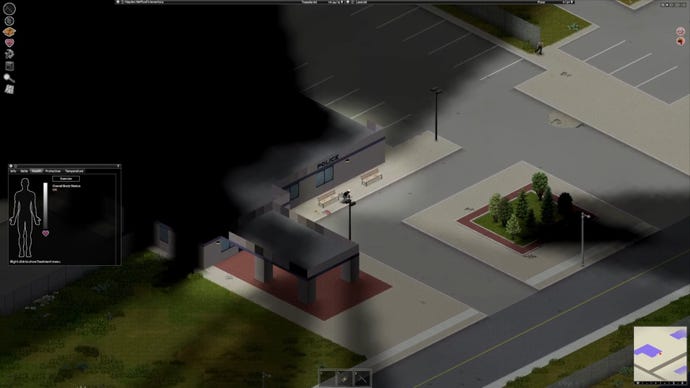 Project Zomboid character wearing police armour wandering into a parking lot