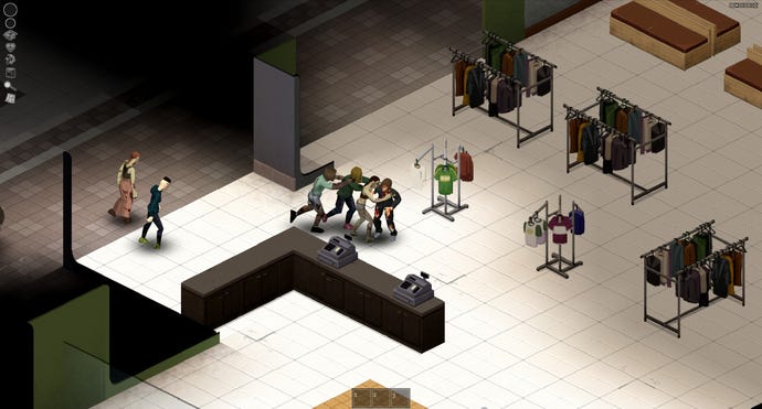 A human gets mauled by zombies in a shopping mall in the Authentic mod in Project Zomboid