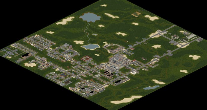 An isometric map square of the Bedford Falls mod in Project Zomboid