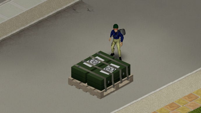 A survivor stands next to two crates on a road in Project Zomboid, thanks to the Helicopter Events mod