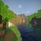 A screenshot of a river in Minecraft, with some trees on either side of the bank and a hill in the distance, taken using ProjectLUMA shaders.