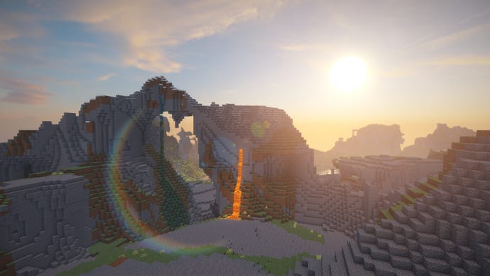 A Minecraft extreme hills landscape, with lava flowing from the central hill.