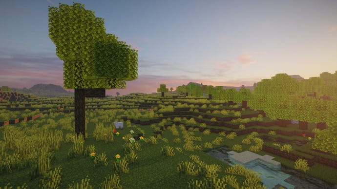 A single tree in a Minecraft plains biome.