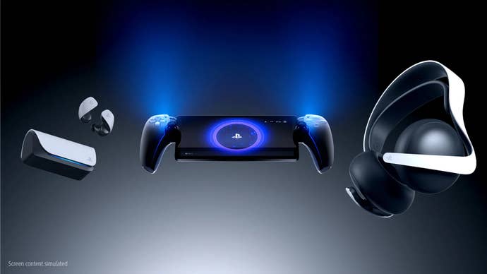 The PlayStation Portal, the PS5 headset, and earbuds, are all aligned against a stylish blue and silver backdrop.