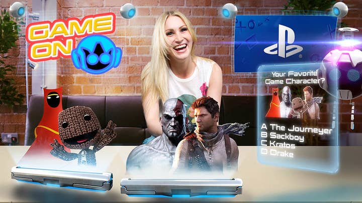 A woman is sitting on a couch surrounded by Sony imagery with the words 'GAME ON' in neon. It's unclear what is happening.