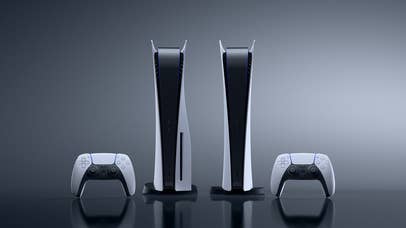 Both models of the PlayStation 5, each with a controller next to them