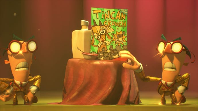 Two of the Censor enemies in Psychonauts 2 appearing as if they're assistants on a game show (in glittery gold suits) showing off a fake cereal called Tincan Crunch