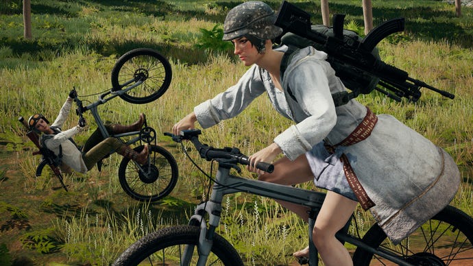 Foolish bicycle stunts in a PUBG: Battlegrounds screenshot.